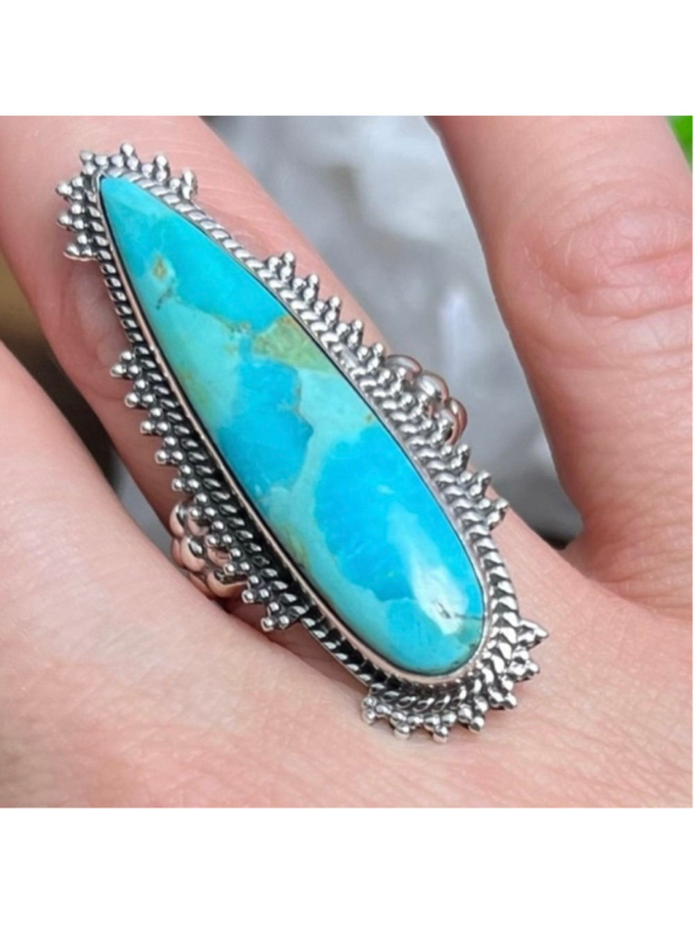Pure Sterling Silver 925 Long Genuine Mohave Turquoise Ring Size 7 Southwest New